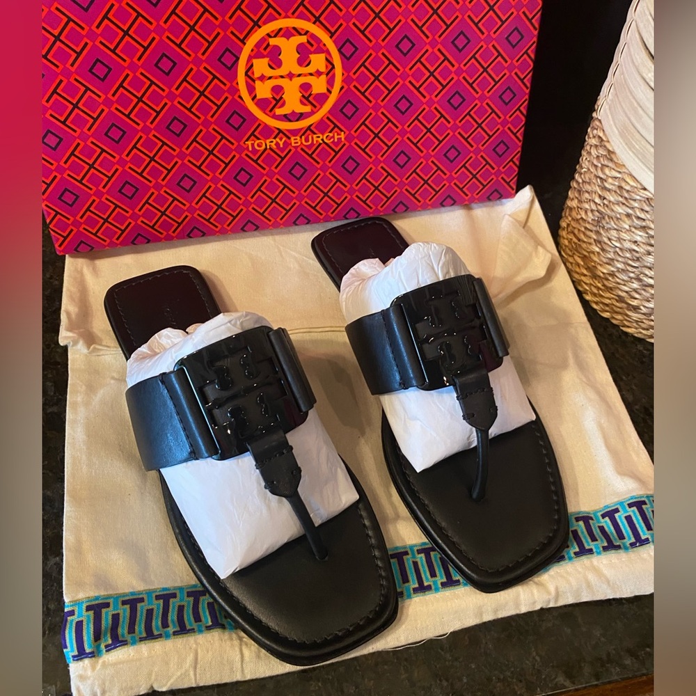 Tory Burch Georgia Black Leather Sandals - Picture 3 of 6
